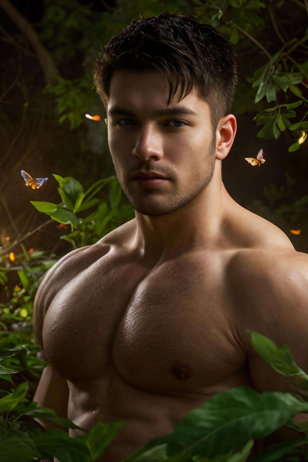 realistic, masterpiece, best quality, cinematic, dynamic lighting, soft shadow, highest detail, professional photography, detailed background, depth of field, insane details, intricate, aesthetic, detailed face, subsurface scattering, realistic hair, realistic eyes, 1boy, muscular, manly, (large pectorals:1.3), pectorals, abs, erect penis, portrait photo of a handsome man, ((night, moon)), lake, ((fireflies, butterflies)),