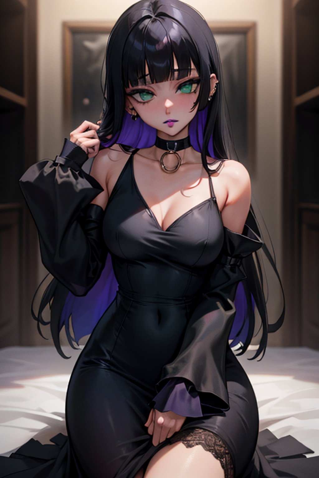 masterpiece, gothic makeup, pa-san, black hair, green eyes, earring, blunt bangs, long hair, colored inner hair, purple hair, sleeves past fingers, medium breasts, chin piercing, detached sleeves, choker, gothic, dress