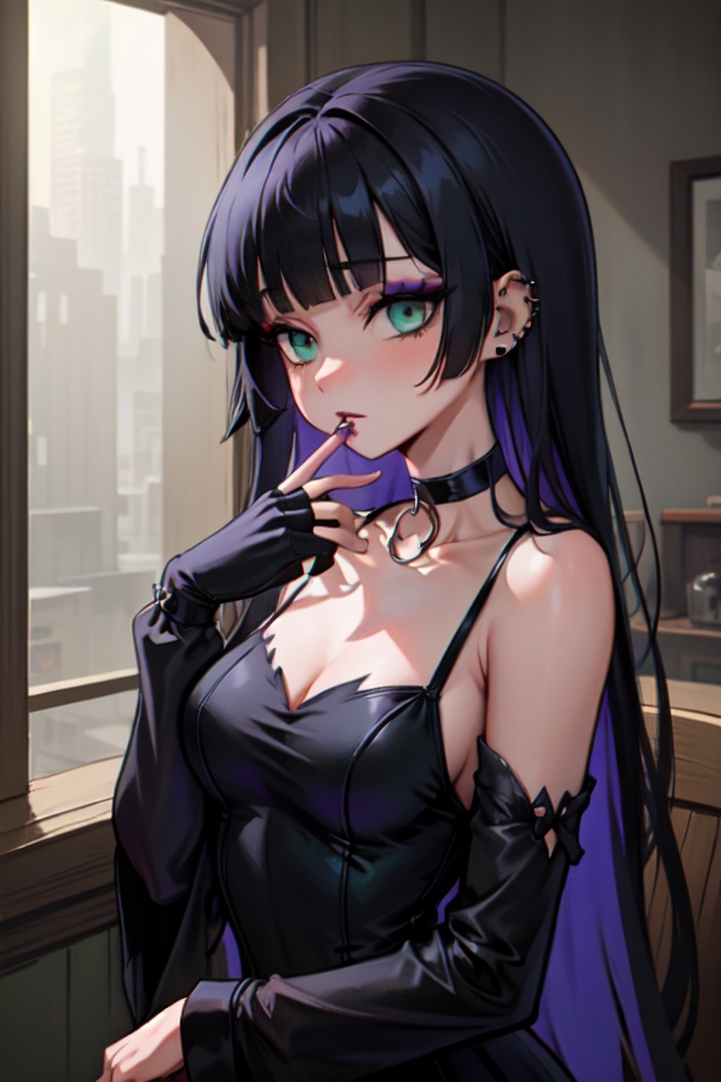 masterpiece, gothic makeup, pa-san, black hair, green eyes, earring, blunt bangs, long hair, colored inner hair, purple hair, sleeves past fingers, medium breasts, chin piercing, detached sleeves, choker, gothic, dress