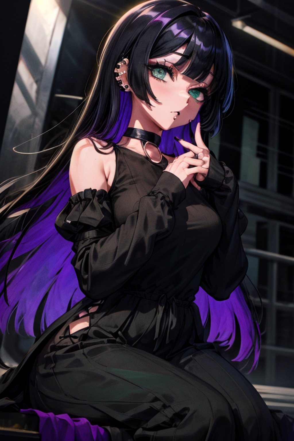 masterpiece, gothic makeup, pa-san, black hair, green eyes, earring, blunt bangs, long hair, colored inner hair, purple hair, sleeves past fingers, medium breasts, chin piercing, detached sleeves, choker, gothic, dress