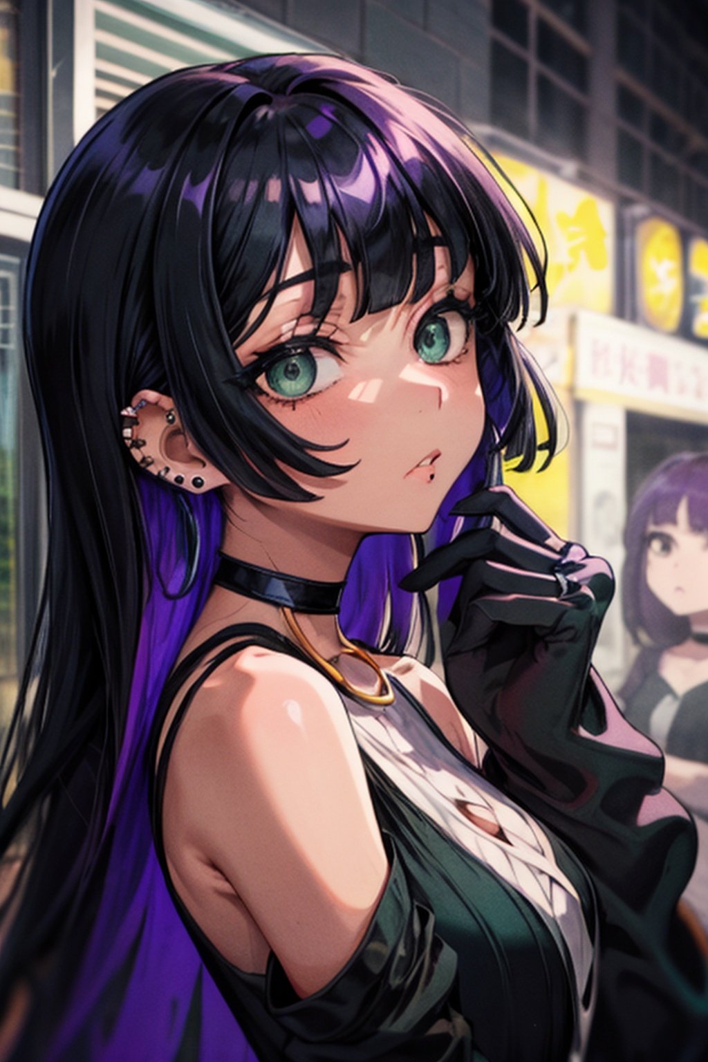 masterpiece, portrait, pa-san, black hair, green eyes, earring, blunt bangs, long hair, colored inner hair, purple hair, sleeves past fingers, medium breasts, chin piercing, detached sleeves, choker, gothic, dress