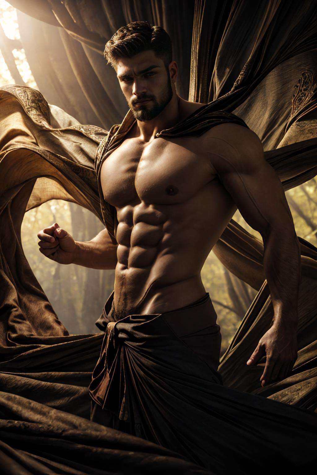 realistic, masterpiece, best quality, natural lighting, soft shadow, insane detail, detailed background, professional photography, depth of field, intricate, detailed face, subsurface scattering, realistic hair, realistic eyes, muscular, masculine, large pectorals, photo of a handsome man, clothmancer, cloth, dynamic pose,