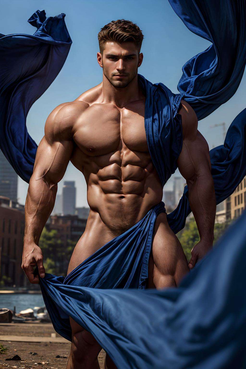 realistic, masterpiece, best quality, natural lighting, soft shadow, insane detail, detailed background, professional photography, depth of field, intricate, detailed face, subsurface scattering, realistic hair, realistic eyes, muscular, masculine, large pectorals, photo of a handsome man, clothmancer, blue cloth, outdoors, urban, nude, convenient censoring, dynamic pose,