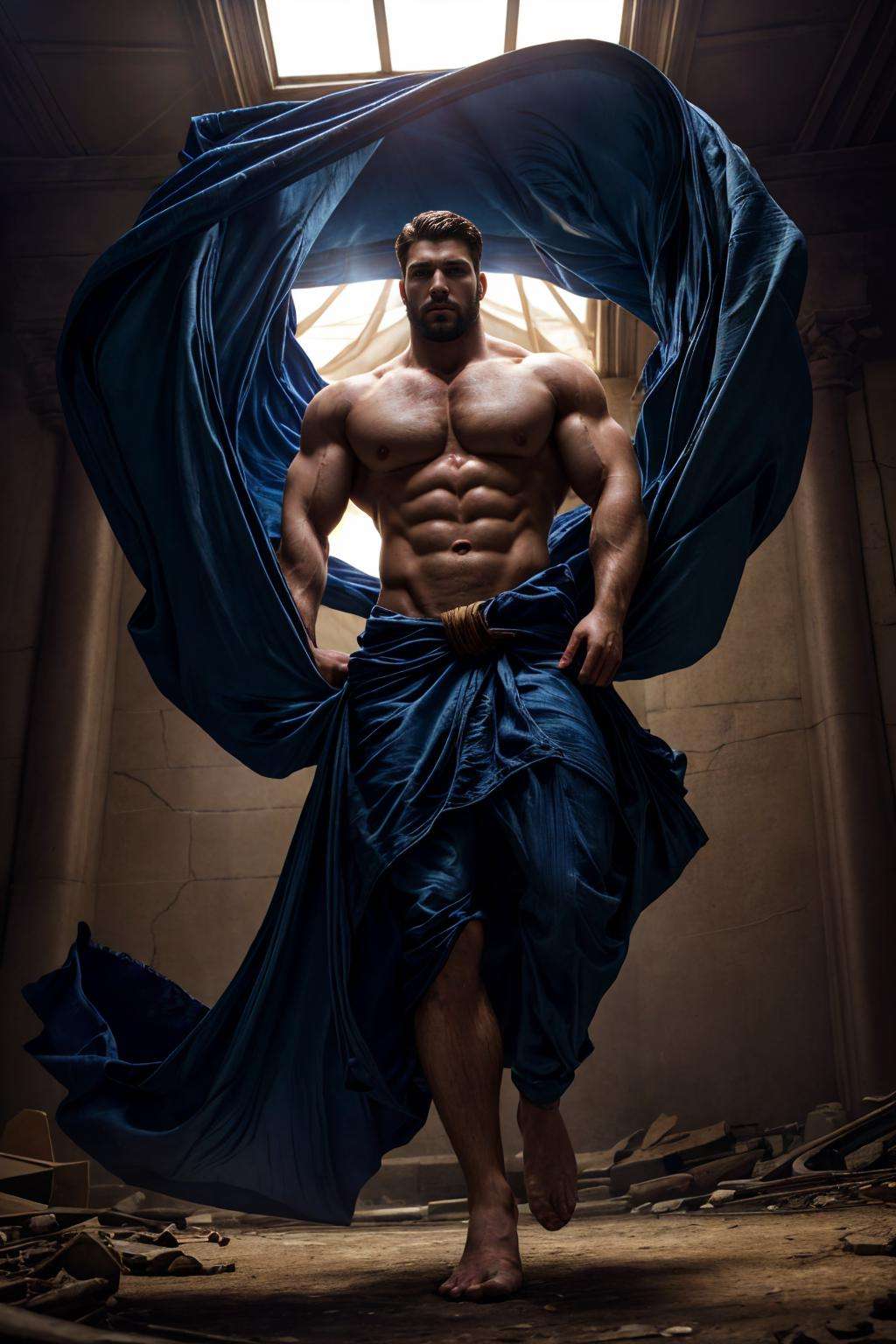 realistic, masterpiece, best quality, natural lighting, soft shadow, insane detail, detailed background, professional photography, depth of field, intricate, detailed face, subsurface scattering, realistic hair, realistic eyes, muscular, masculine, large pectorals, photo of a handsome man, clothmancer, blue cloth, dynamic pose, restrained,