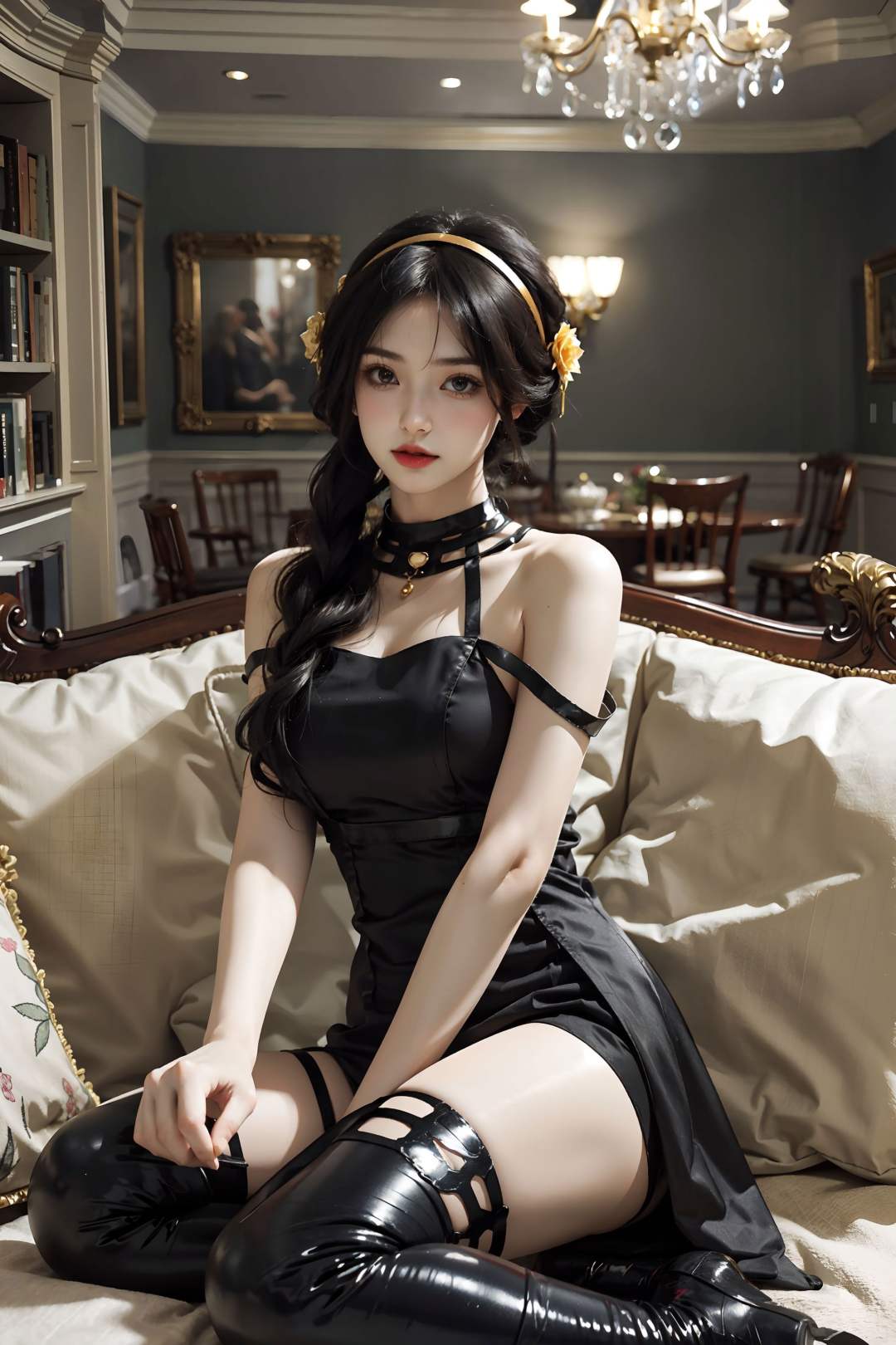 <lora:Yor_Briar:0.75>, cowboy shot,yor_briar, 1girl, sweet girl, bare arms, black short dress, two-sided dress,two-sided fabric, sidelocks, bare shoulders, bare arms, sleeveless, black hair, golden hairband, golden hair flowers,black thighhighs, black thighboots,  sitting on the sofa, (full body), indoors, living room, sofa, decorations, chandelier, book stack,