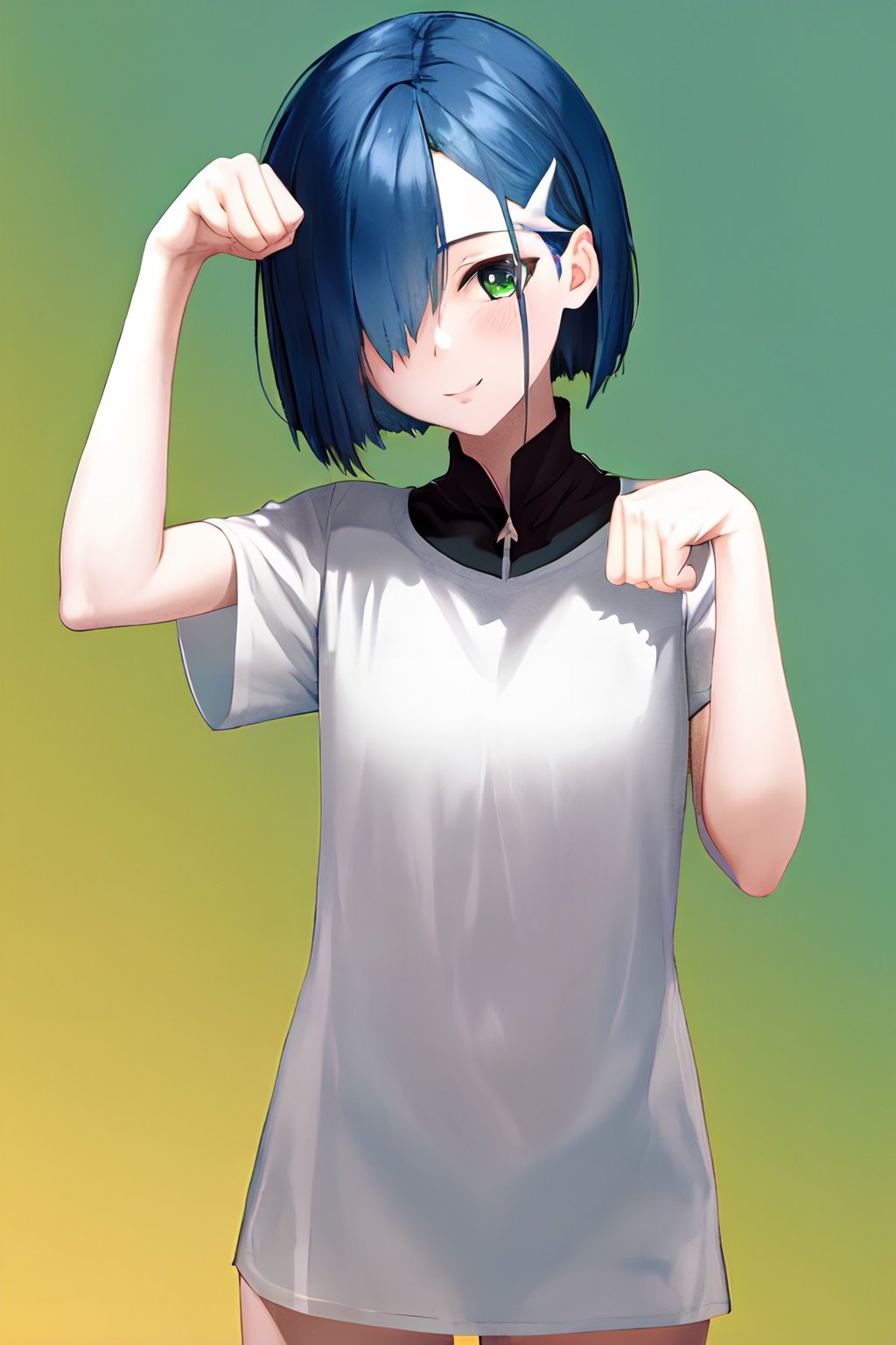 masterpiece, best quality, highres, 1girl, solo, cowboy shot, Ichigo, green eyes, blue hair, short hair, hair clip, hair over one eye, paw pose