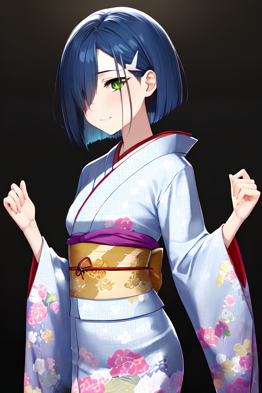 masterpiece, best quality, highres, 1girl, solo, cowboy shot, Ichigo, green eyes, blue hair, short hair, hair clip, hair over one eye, kimono