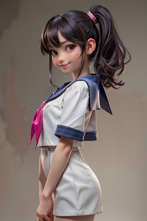 (Reality :1.5), Ray tracing, chromatic aberration, movie lighting, (solo), Girl, Smile, puberty, petite, side ponytail, sailor suit, (natural skin texture, Surrealistic, soft light, sharp), simple_background