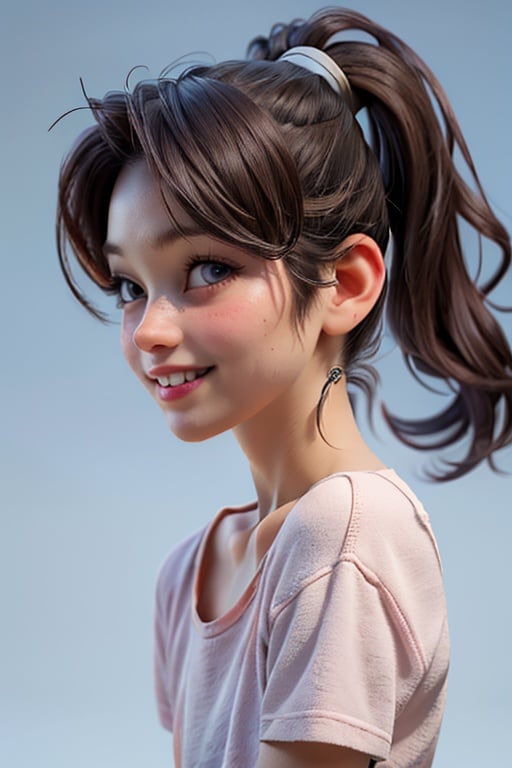 (realistic:1.5),Ray tracing, color difference, movie lighting,(solo),straight-on,1girl,smile,teeth,adolescent,petite,virgin,young girl, side ponytail,(natural skin texture, Surrealism, soft light, sharp),simple_background,((blue_background))