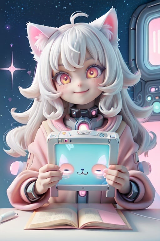 kawaiitech,pastel color,kawaii,cute colors,scifi,pink,scholar,scroll,1girl,long hair,pale skin,white hair,glowing eyes,smile,cat ears , 