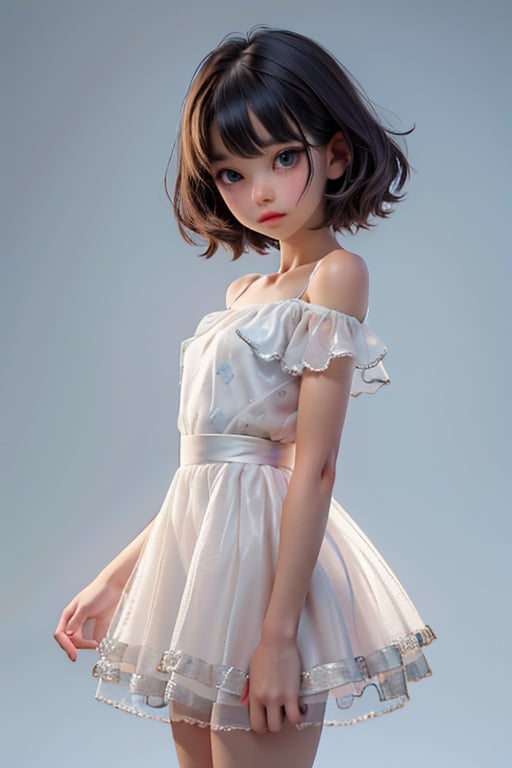 (Reality :1.5), Ray tracing, chromatic aberration, movie lighting, (solo), 1Girl, puberty, petite,sheer tulle dress,(natural skin texture, Surrealistic, soft light, sharp), blue background