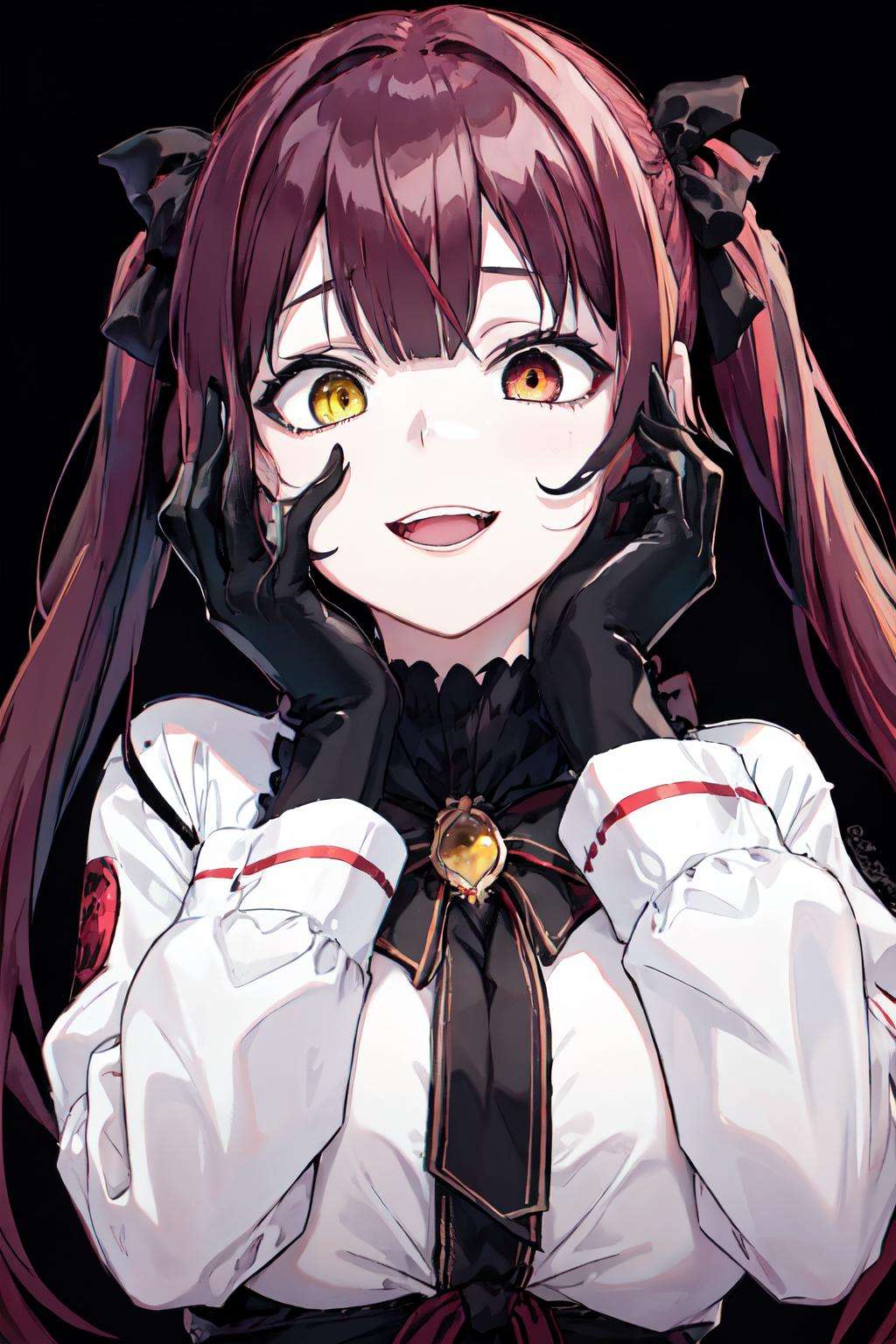 <lora:yandere_trance:0.7>yandere trance,   red hair, black gloves, open mouth, smile, yellow eyes, red eyes,  1girl, hands on own face, simple background, hair ribbon, twintails,  large breasts, looking at viewer, hands on own cheeks,heterochromia, long hair,  solo