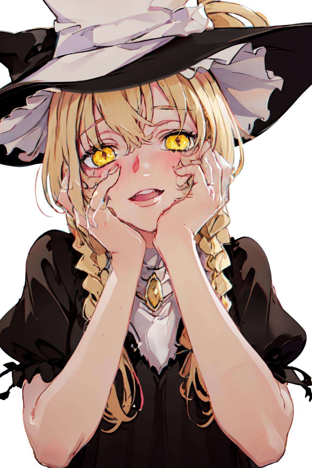 <lora:yandere_trance:1> yandere trance, parody, braid, 1girl, hands on own cheeks, yandere, hands on own face, witch hat, long hair, hat, blush, solo, yellow eyes, blonde hair, open mouth