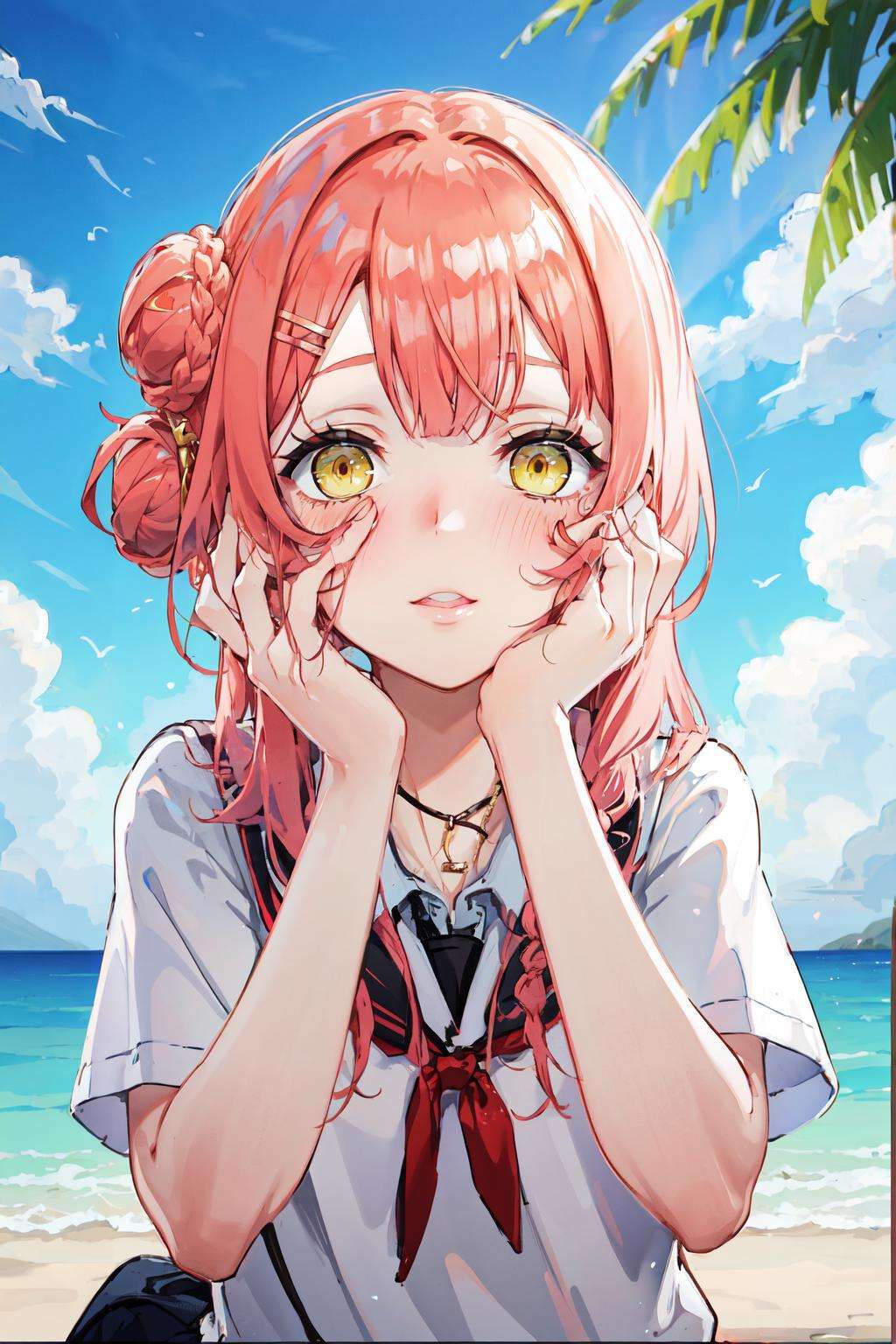 <lora:yandere_trance:0.7>yandere trance, hair ornament, yandere, single side bun, blush, braid, yellow eyes, 1girl, hands on own face, hairclip, braided bun, medium hair, school uniform, looking at viewer, summer uniform, hands on own cheeks, hair bun, hairpin, solo