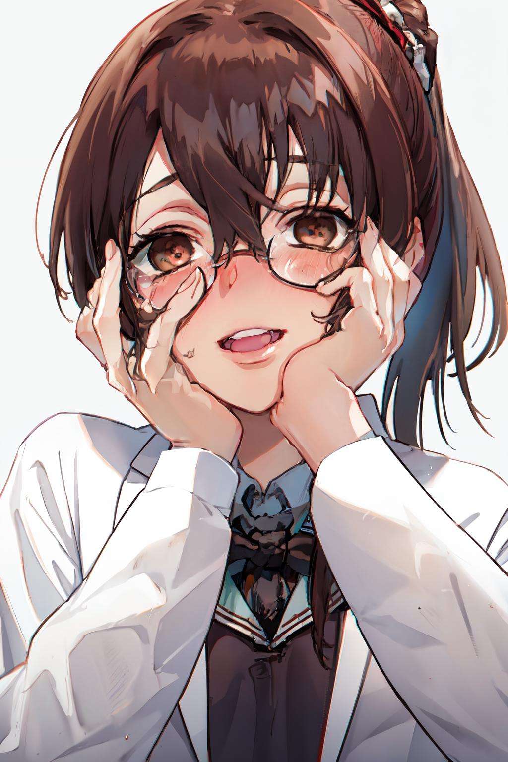 <lora:yandere_trance:1>yandere trance, labcoat, brown hair, brown eyes, 1girl, hands on own cheeks, hands on own face, long hair, blush, solo, ponytail, glasses, open mouth