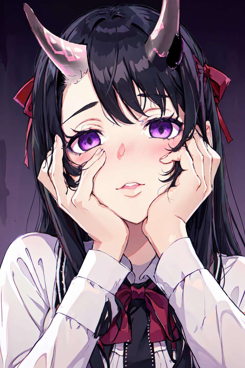 <lora:yandere_trance:0.7>yandere trance, ribbon, parody, black hair, horns, 1girl, hands on own cheeks, hands on own face, single horn, purple theme, long hair, hair ribbon, solo, blush