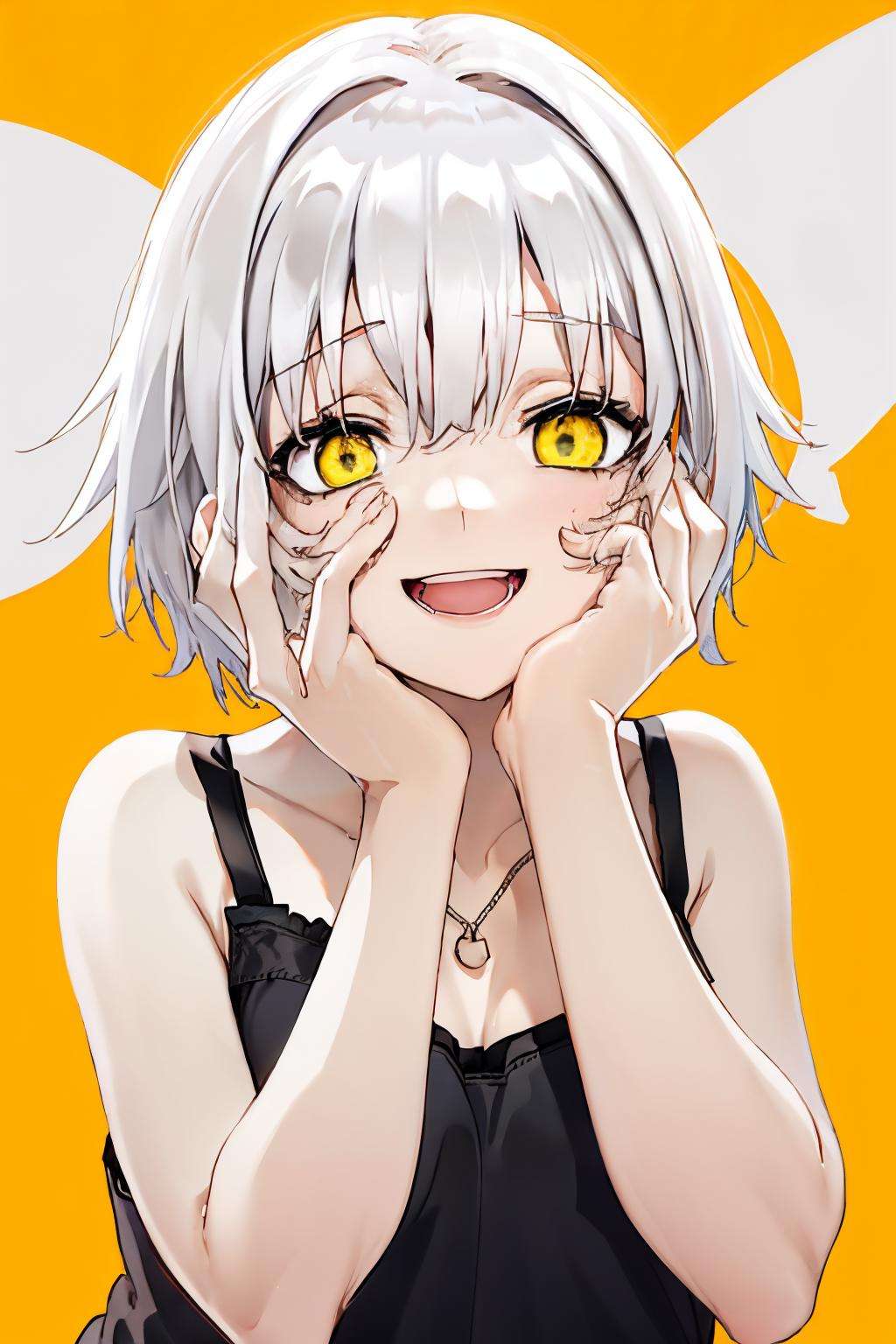 <lora:yandere_trance:1> yandere trance, yandere, 1girl,solo, upper body, hands on own cheeks, empty eyes, open mouth, smile, crazy eyes, short hair, white hair, small breasts, camisole, black camisole,yellow background