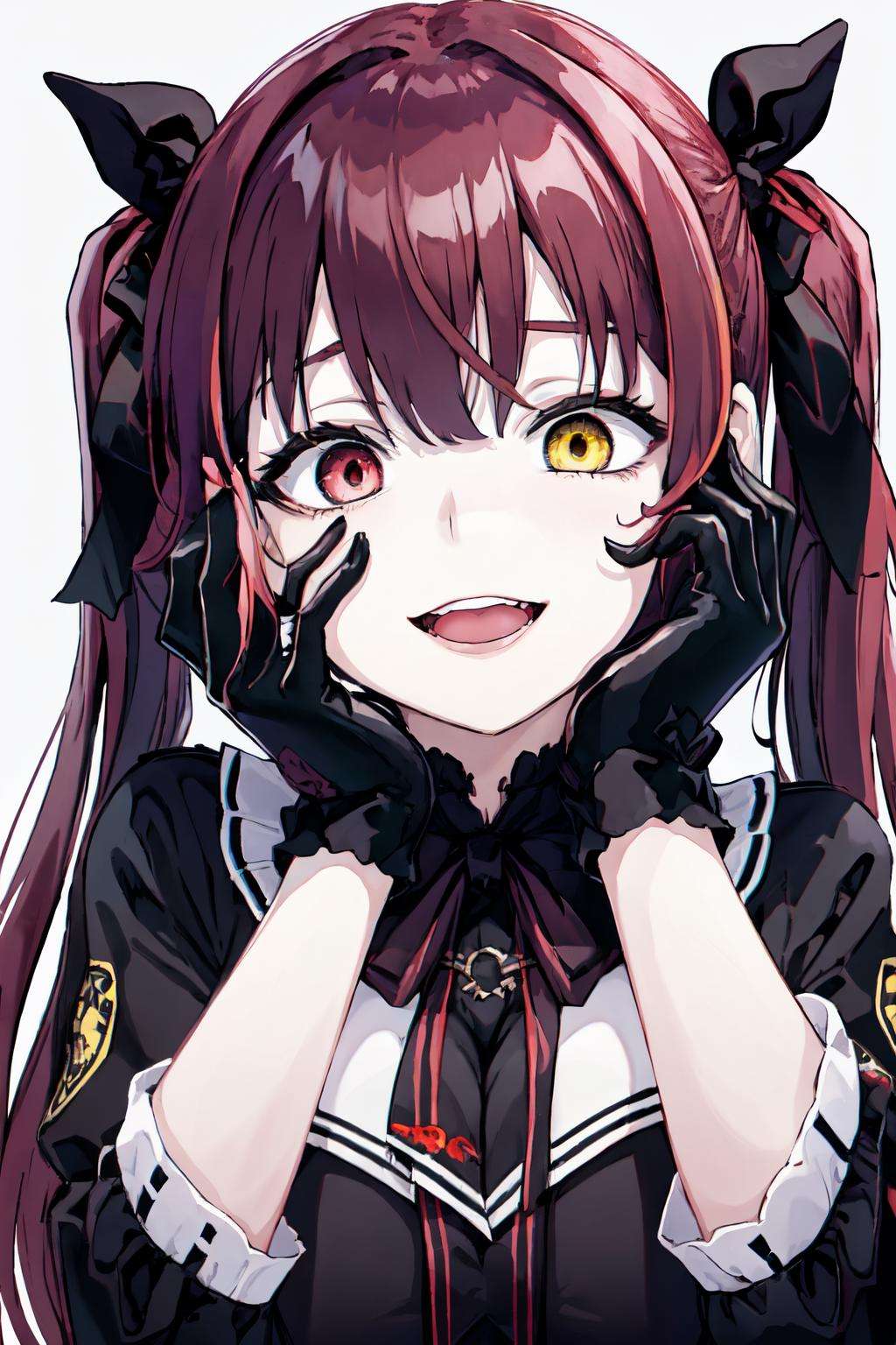 <lora:yandere_trance:0.7>yandere trance,   red hair, black gloves, open mouth, smile, yellow eyes, red eyes,  1girl, hands on own face, simple background, hair ribbon, twintails,  large breasts, looking at viewer, hands on own cheeks,heterochromia, long hair,  solo