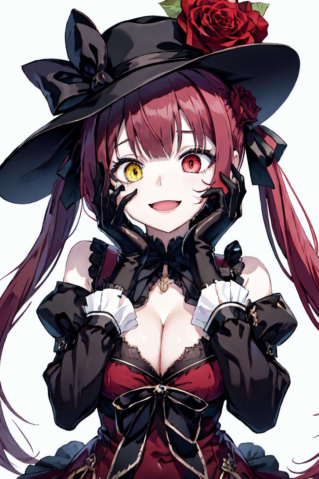 <lora:yandere_trance:0.7>yandere trance, detached sleeves, rose, flower, red hair, black gloves, gloves, hat, open mouth, smile, yellow eyes, red eyes, hat flower, 1girl, hands on own face, simple background, hair ribbon, twintails, see-through leotard, large breasts, ribbon, looking at viewer, red dress, hands on own cheeks, dress, heterochromia, long hair, cleavage, solo