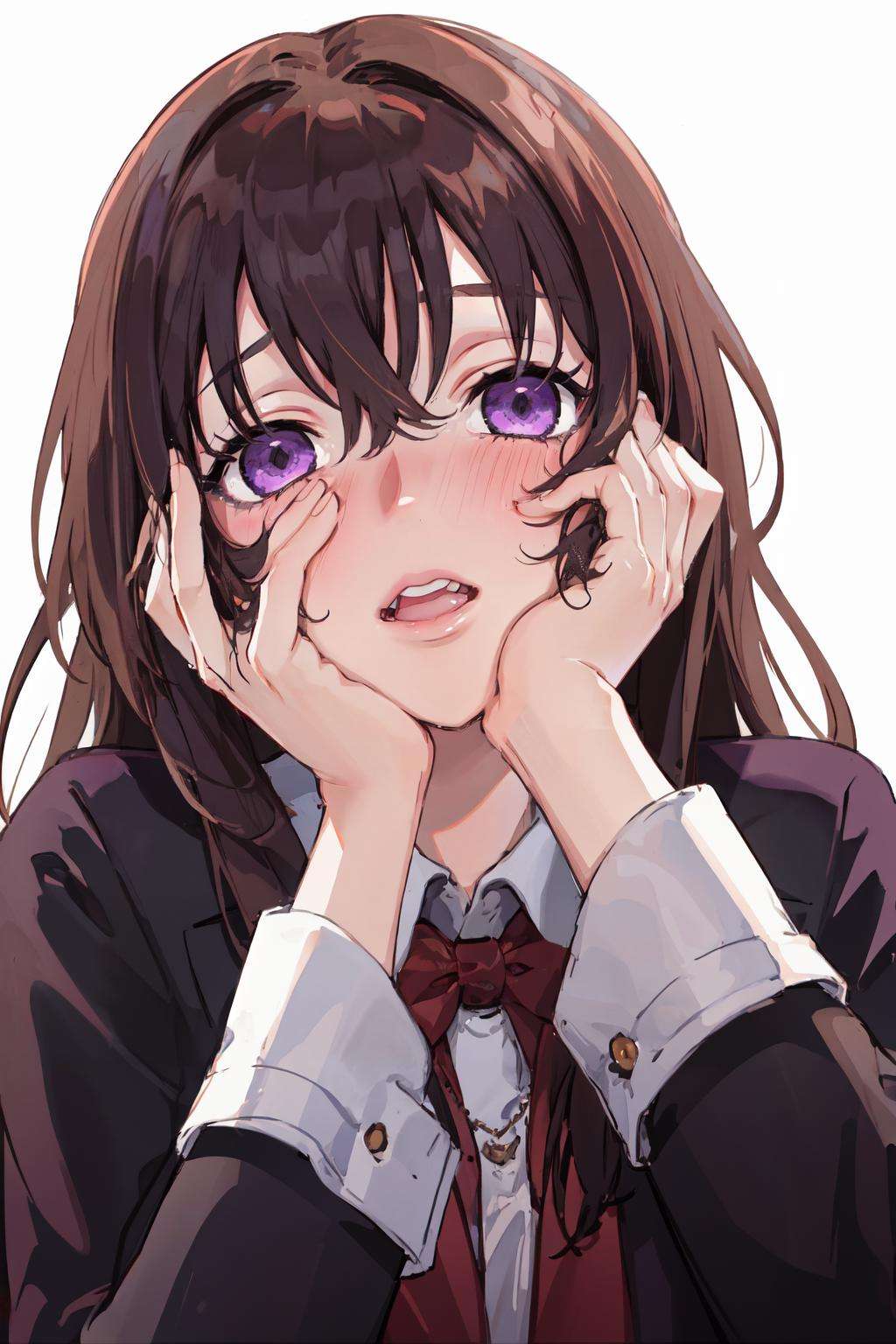 <lora:yandere_trance:0.7>yandere trance, brown hair, 1girl, hands on own cheeks, purple eyes, hands on own face, yandere, long hair, solo, blush, unusually open eyes, open mouth