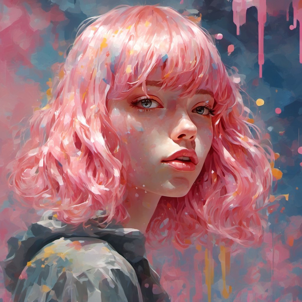 dripping paint,abstract,1 girl, dripping paint, 1girl, solo, pink hair, looking at viewer, portrait, lips, parted lips, multicolored hair, abstract, bangs,  extremely delicate and beautiful, highresolution, ray tracing, best shadow, (realistic, photorealistic:1.37),professional lighting, photon mapping, radiosity, physically-based rendering