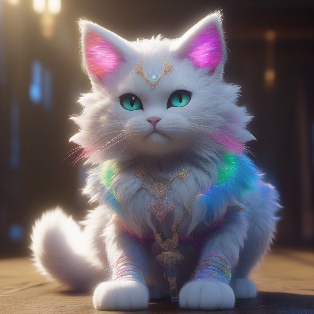 rainbow kitten, full body dynamic pose, beautiful, detailed eyes and face, illumination, balanced lighting, sharp focus, detailed fur, unreal engine, 16k UHD, 
