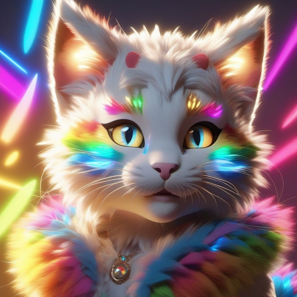 rainbow kitten, full body dynamic pose, beautiful, detailed eyes and face, illumination, balanced lighting, sharp focus, detailed fur, unreal engine, 16k UHD, 

