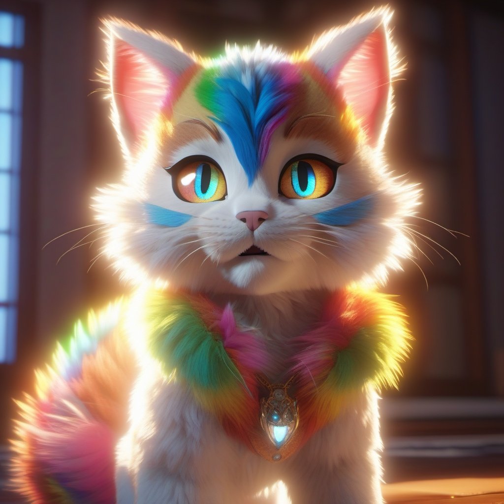 rainbow kitten, full body dynamic pose, beautiful, detailed eyes and face, illumination, balanced lighting, sharp focus, detailed fur, unreal engine, 16k UHD, 
