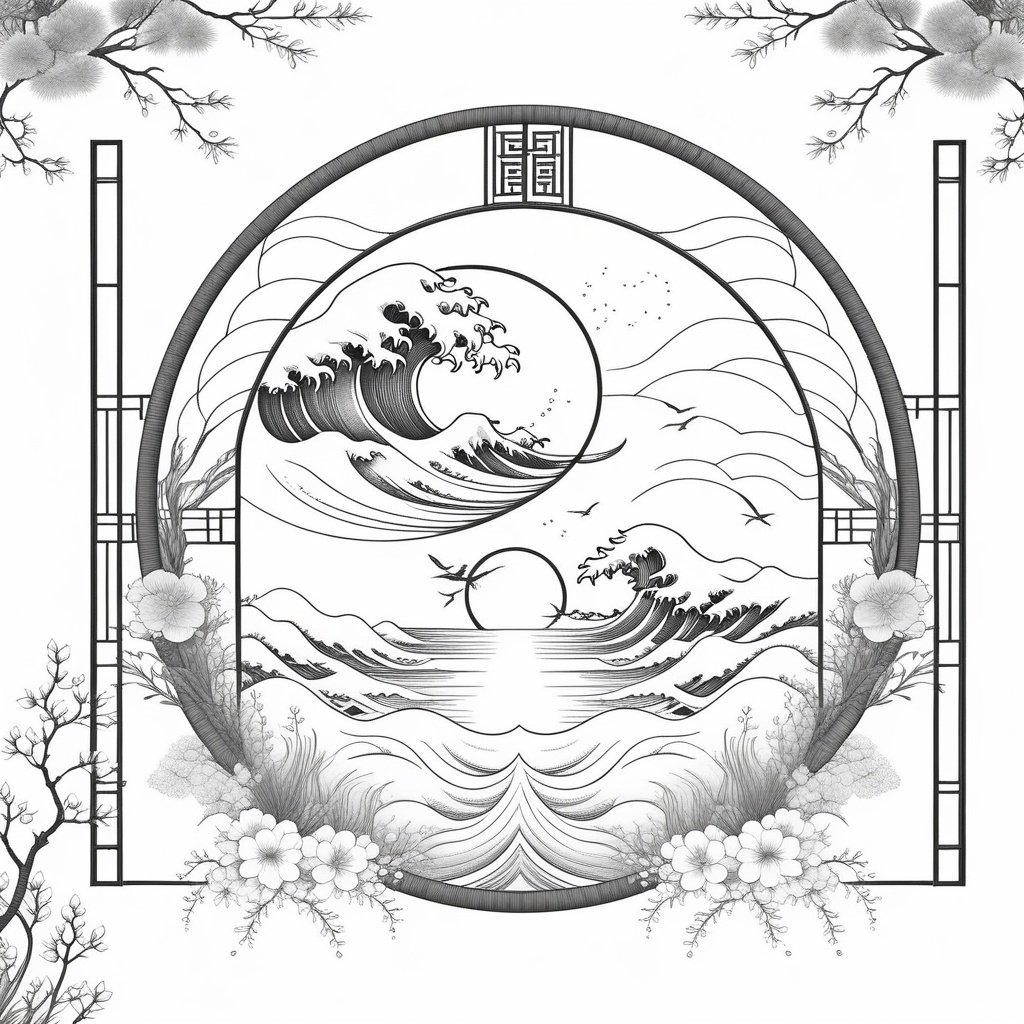 chinese style illustration, traditional warrior, waves, sun, beach, japanese gate, white background, monochrome, perfectly drawn lines, trending on artstation, symmetrical, golden ratio, <lora:drawingbooksdxl2:0.49>