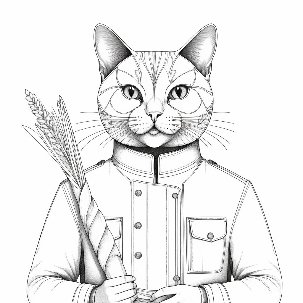 french cat holding a baguette,  white background, monochrome, perfectly drawn lines, trending on artstation, symmetrical, golden ratio, <lora:drawingbooksdxl2:0.55>