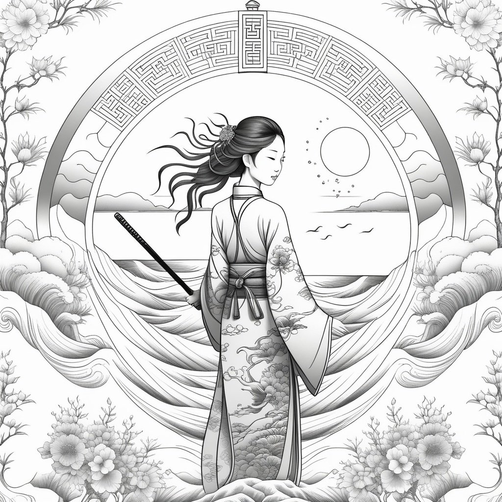 chinese style illustration, traditional warrior, waves, sun, beach, japanese gate, white background, monochrome, perfectly drawn lines, trending on artstation, symmetrical, golden ratio, <lora:drawingbooksdxl2:0.49>