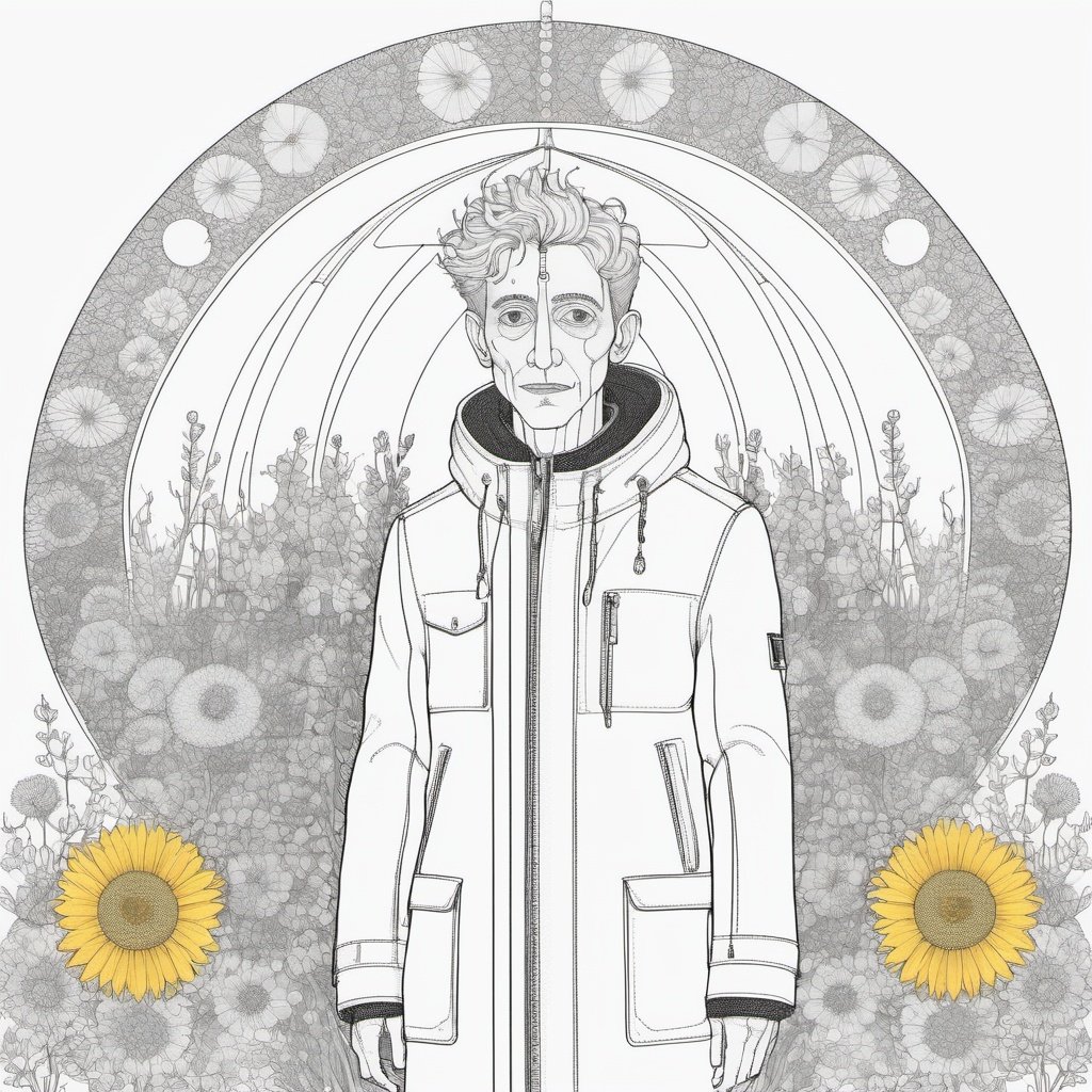 drwnbk, blackwork, masterpiece, blackwork, art by Jean Cocteau,art by Nick Knight, Digital art, Mythpunk, Rude coloring book page, wearing Warm Parka, Space background, spring space, Foggy conditions, Anime screencap, intricate, sun, river, water, garden, flowers, white background, clean image, symmetrical, perfect drawn lines,    <lora:drawingbooksdxl2:0.6>