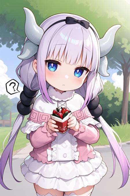 1girl,  <lora:Kanna5-15:1>, kannakamui, dress, dragon horns, thighhighs, hair beads, low twintails, outdoors, holding parfait, standing, head tilt, spoken question mark, 