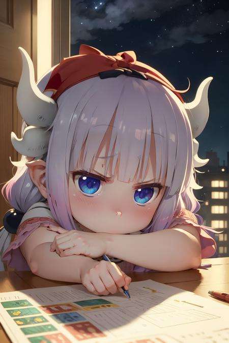 1 little girl, 2 horns, Kanna, Pouting, angry, look at viewer, night light, cartoon style, best quality, masterpiece,  <lora:Kanna_Sora9:0.9>, (masterpiece,best quality:1.5)