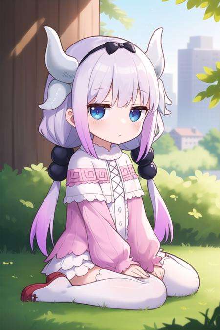 anime, hdr, soft light, ((best quality)), ((masterpiece)), (detailed), <lora:Kanna05:1>, kannakamui, cute, chibi, dragon horns, hair beads, low twintails, dress, thighhighs, looking at viewer, jitome, captivating pose, wariza, city, nature, <lora:EyeControl_Jitome_v2:0.8>