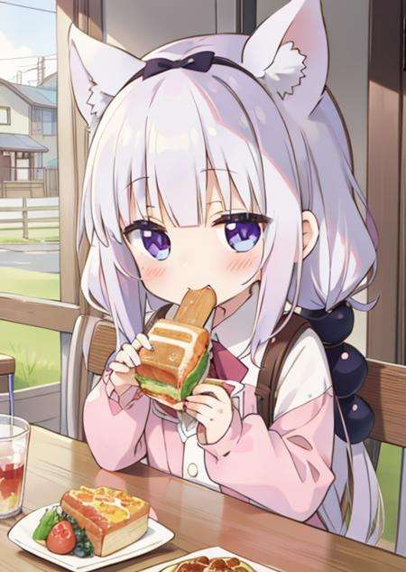 masterpiece, best quality, highres,1girl,  <lora:Kanna_Sora9:0.7>,kanna,elementary school,eating lunch,happy,