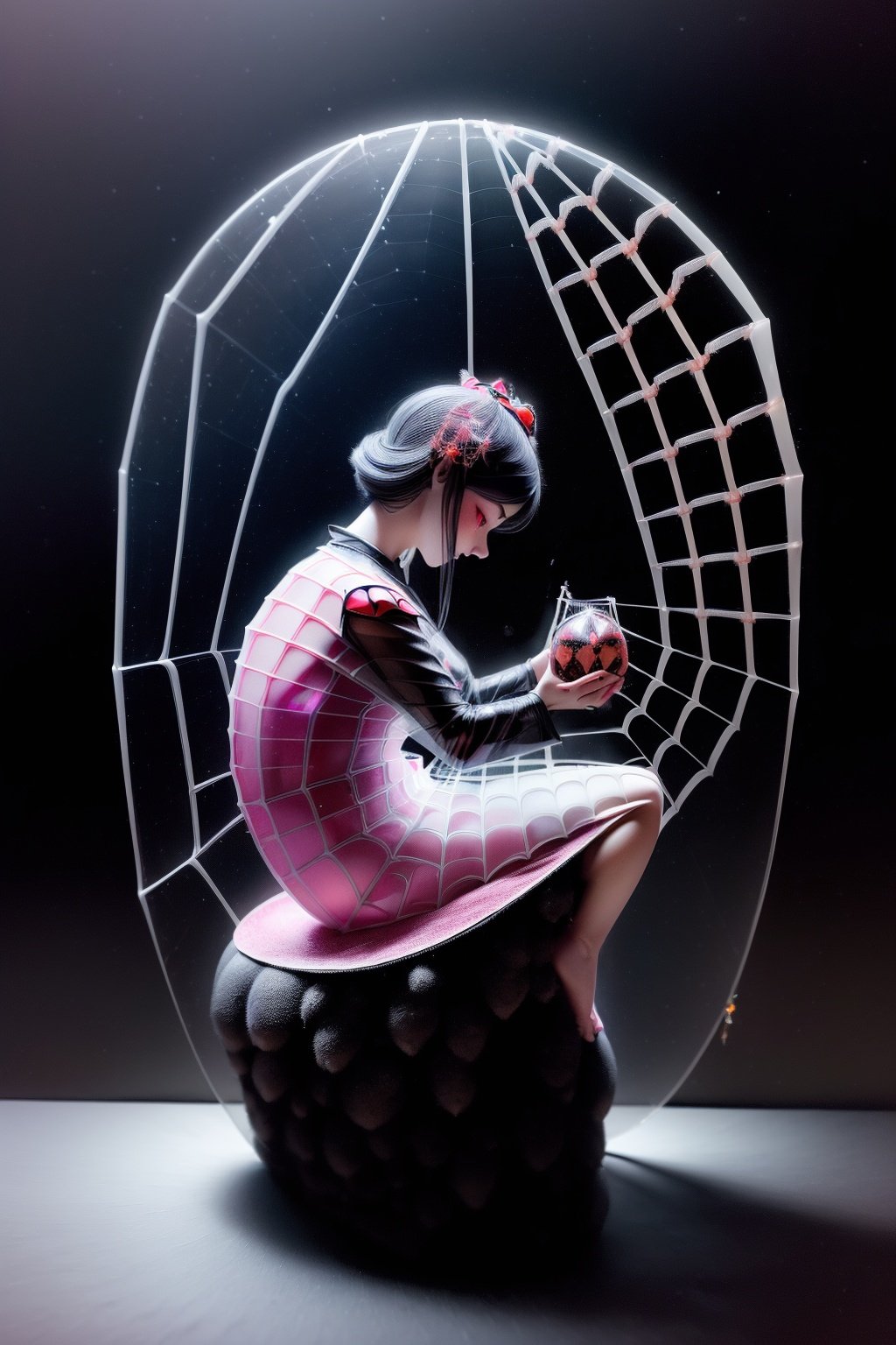 (masterpiece:1.3), (girl sitting in transparent spider abdomen:1.5), (dark cave, dark background:1.4), fluorescent, intricate, full body,surreal,breathtaking,incredible,(best quality),(ultra-detailed, high resolution, extremely detailed),yuzu,1 girl,red eye, ,Pink Mecha,mature male,huliya,bp-homura