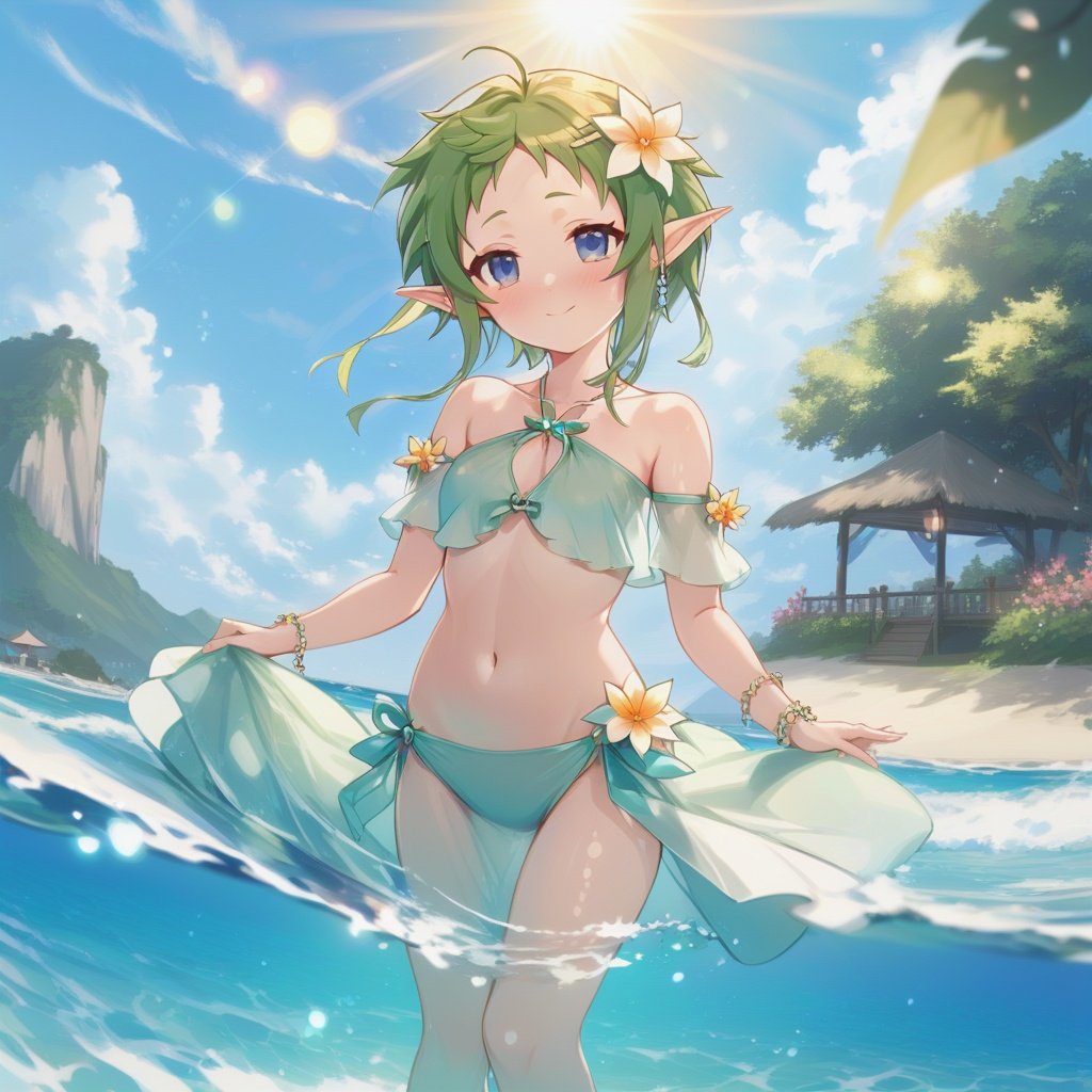 masterpiece, best quality, sylphiettes, 1girl, solo, breasts, blush, hair ornament, dress, navel, holding, bare shoulders, jewelry, standing, collarbone, swimsuit, flower, ahoge, bikini, earrings, small breasts, outdoors, sky, day, hairclip, cloud, hair flower, water, stomach, white dress, bracelet, blue sky, dutch angle, ^ ^, ocean, halterneck, watermark, ass visible through thighs, sandals, sunlight, elf, facing viewer, blue bikini, lens flare, wading, summer, sandals removed