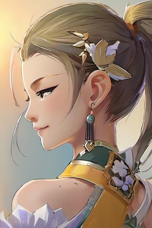 yafei,1girl, profile, ponytail, closed eyes, armlet, upper body