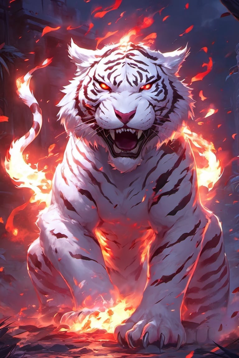 white tiger,glowing, glowing eyes, fangs, looking at viewer, red eyes, solo, fire, whiskers, open mouth,night,embers