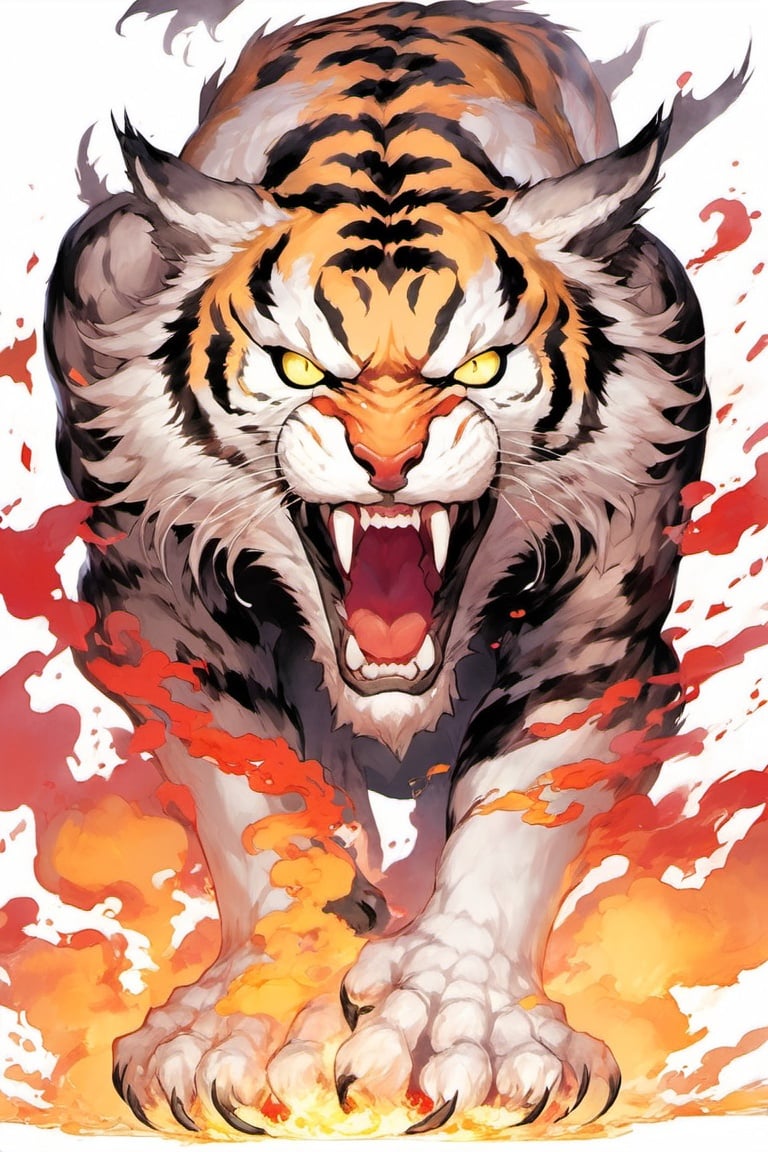 fire, tiger, looking at viewer, open mouth, animal focus, fangs, full body, yellow eyes