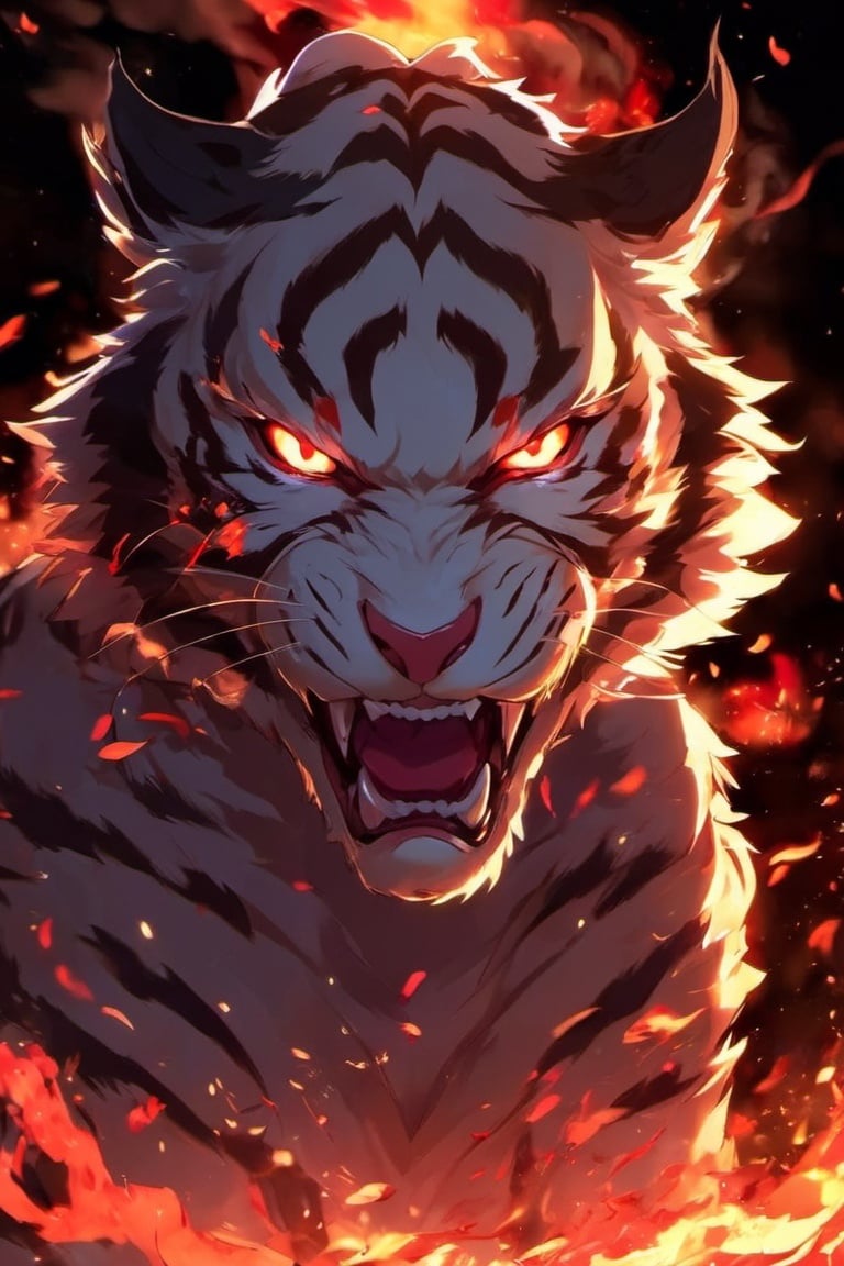 tiger,glowing, glowing eyes, fangs, looking at viewer, red eyes, solo, fire, whiskers, open mouth,night,embers