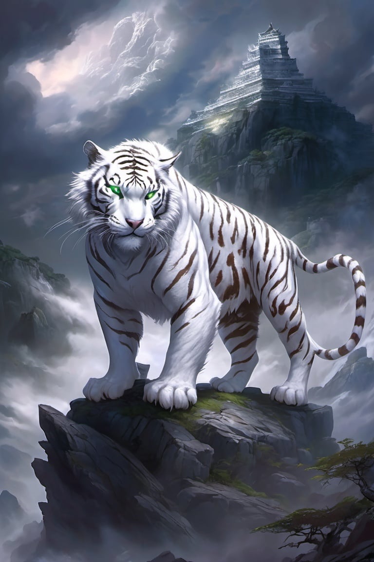 A white tiger stands atop a dark and ominous mountain, surrounded by dense clouds. Accompanied by the roars of thunder and the flashes of lightning, its snow-white fur appears pale and mysterious in the dim light. The tiger's green eyes flicker with wildness and alertness, exuding a sense of formidable and unpredictable power.

Perched on the rocky peak, the white tiger stands tall and majestic. Its muscular physique is taut, showcasing unparalleled strength and agility. The gleaming canines and sharp claws radiate a deadly glow in the darkness, foreshadowing its unmatched prowess as a predator.

The sky, interwoven with thunderbolts, reflects in the tiger's shining eyes, creating an atmosphere of mystery and grandeur. It moves swiftly and silently through the forest amid the gloom, each step blending like a shadow into the darkness.

The muscles of the white tiger tense with electricity, and its tail dances like a streak of light in the wind. Its gait is firm yet elegant, exuding confidence and dominion.

The mountain is imbued with an electric aura, and the presence of the white tiger elevates the entire landscape to a magnificent and grand scale. Its figure appears elusive within the shadows, evoking a sense of mystery and majesty. It is the ruler of the wilderness, unafraid and in complete control of this dark and enigmatic domain.