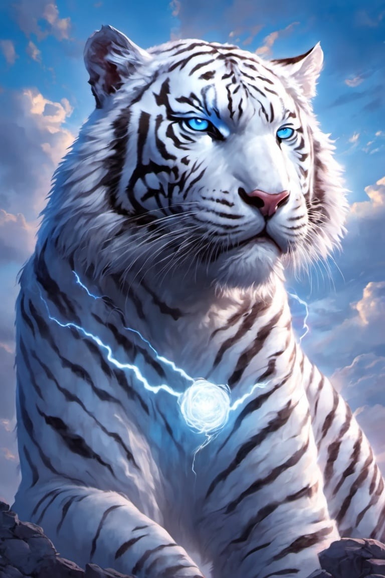 tiger, white tiger, blue eyes, glowing, sky, glowing eyes, electricity,