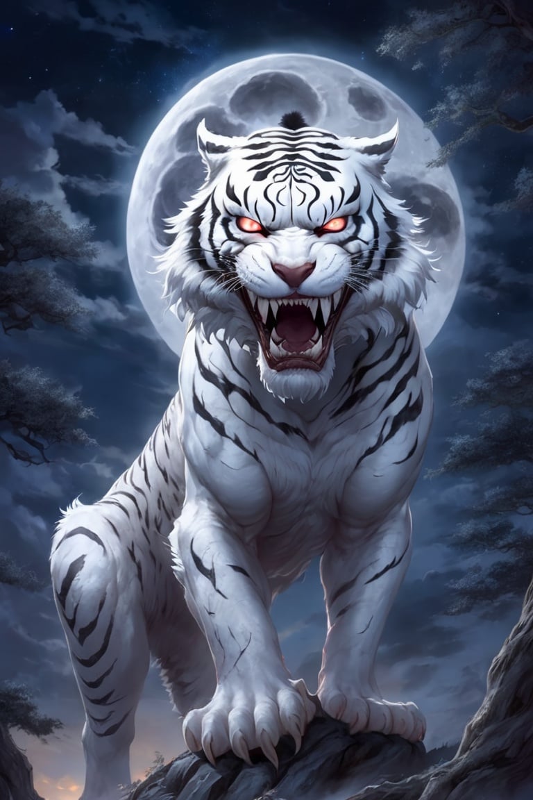 moon, full moon, tiger, night, sky, fangs, cloud, white tiger, night sky, star \(sky\), outdoors, glowing eyes, open mouth, cloudy sky, starry sky, tree, glowing