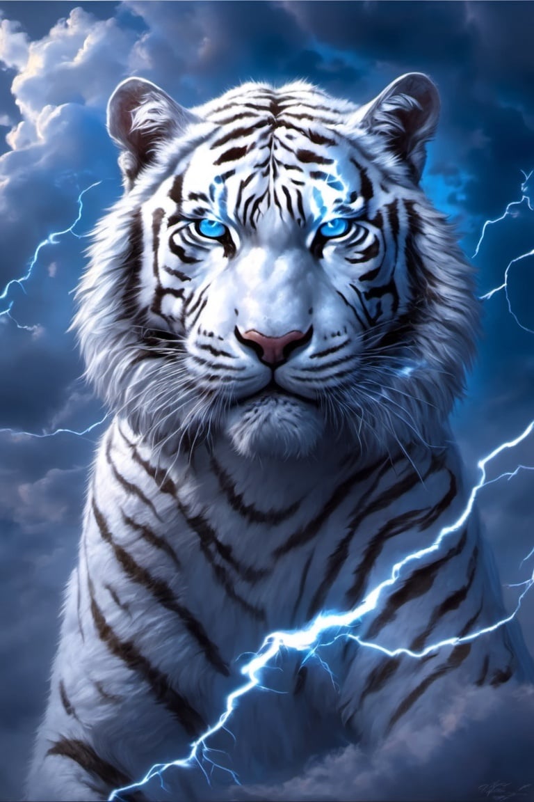 tiger, white tiger, blue eyes, glowing, sky, glowing eyes, electricity, realistic