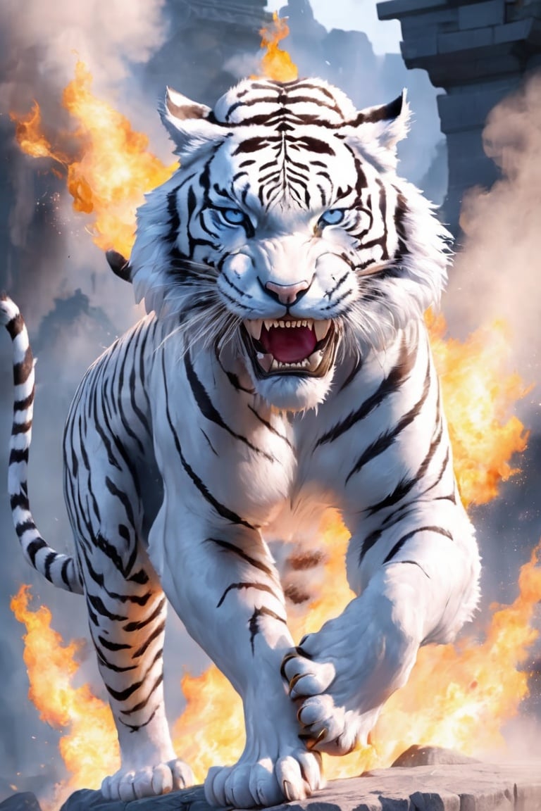 tiger, blue eyes, open mouth, looking at viewer, fire, animal focus, fangs, solo, white tiger, teeth, blue background, 