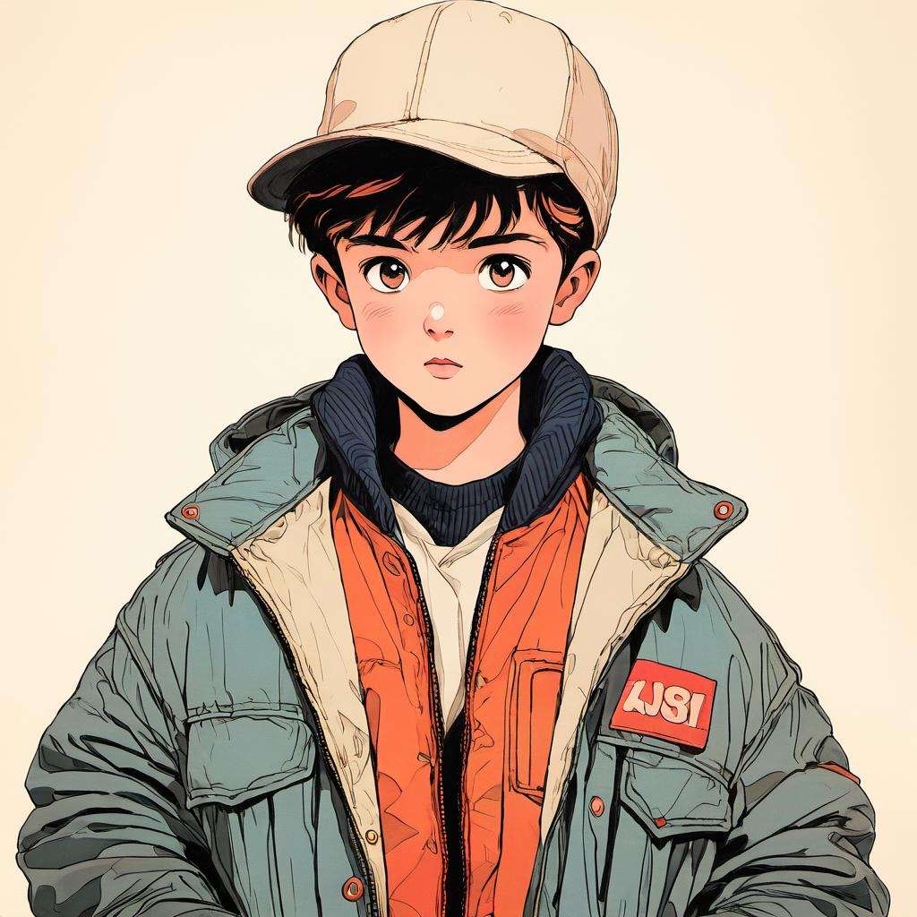 A boy in a jacket and a hat<lora:1990-2:1>