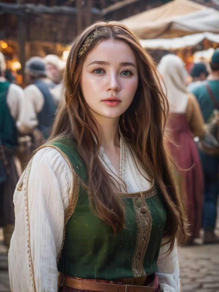 A pretty girl in a crowded medieval market, market vendors, upper body, detailed clothes, green eyes, long flowing hair, shiny skin, subsurface scattering, (sharp:0. 7), ultra-detailed, real-life texture, dramatic lighting, dynamic composition, unreal engine, Nikon D850,   <lora:3un_SDXL_v1-0000010:1:1>