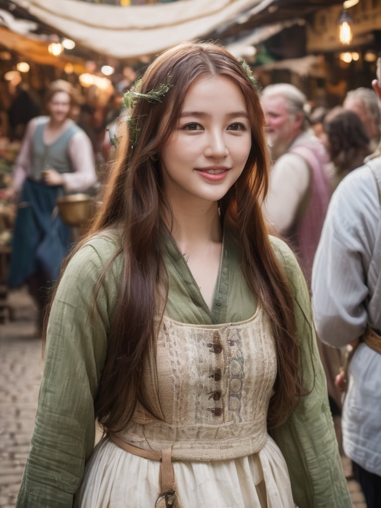 A pretty girl in a crowded medieval market, smiling,market vendors, upper body, detailed clothes, green eyes, long flowing hair, shiny skin, subsurface scattering, (sharp:0. 7), ultra-detailed, real-life texture, dramatic lighting, dynamic composition, unreal engine, Nikon D850,   <lora:3un_SDXL_v1-0000010:1:1>